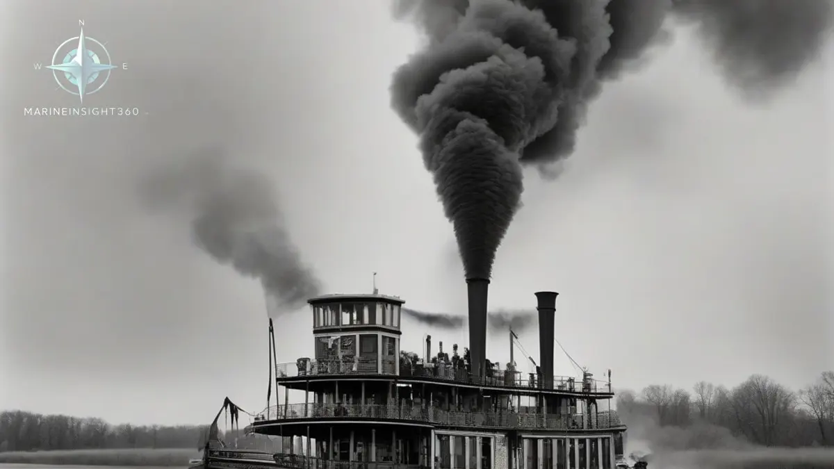 Preserved sternwheel steamboat under way on a river with the paddle wheel turning and steam rising