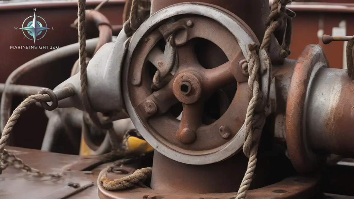 Anchor windlass on a bulk carrier forecastle showing the gypsy, band brake and chain stopper on the cable