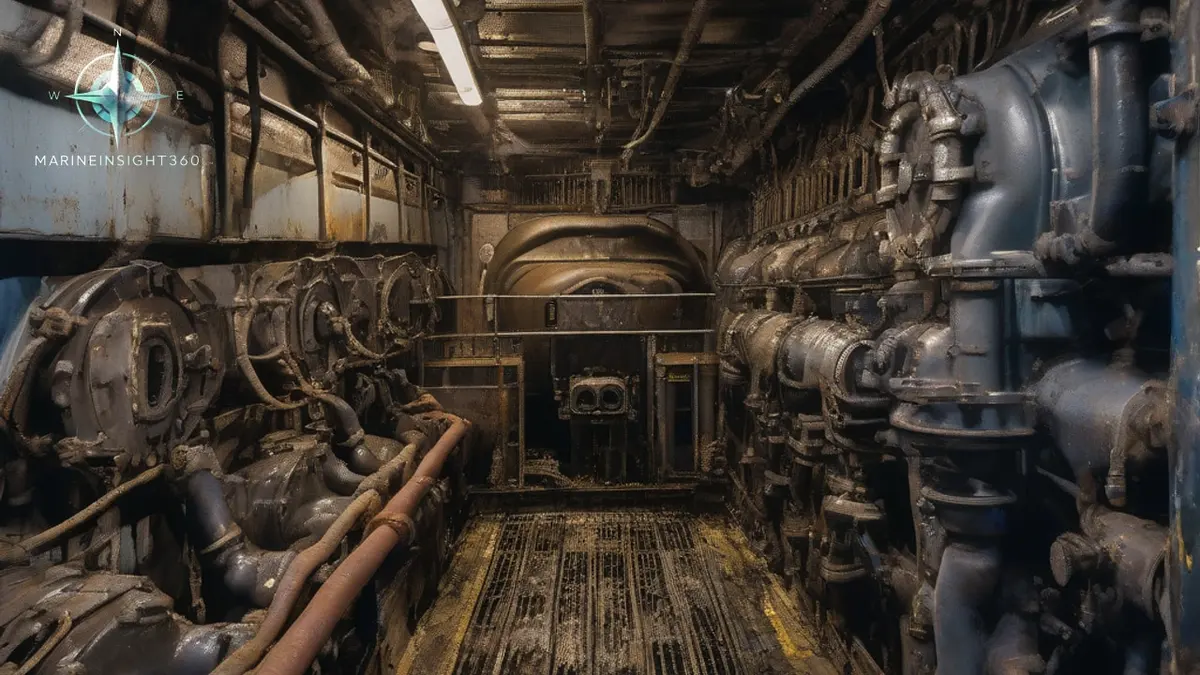 Slow-speed main engine in a cargo ship engine room with crankcase doors and relief valves