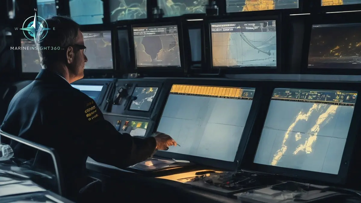 Navigating officer applying weekly ENC chart corrections at the ECDIS workstation on a darkened ship bridge