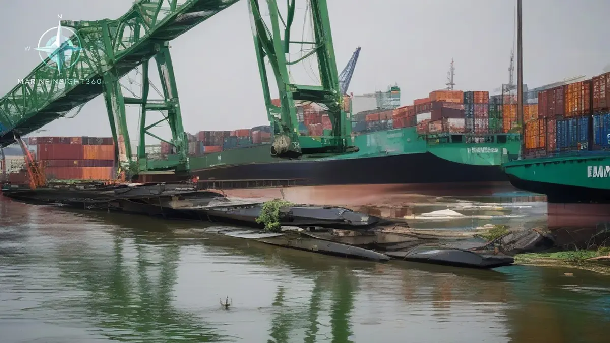 Collapsed truss bridge span folded into the water across the bow of a stopped container ship