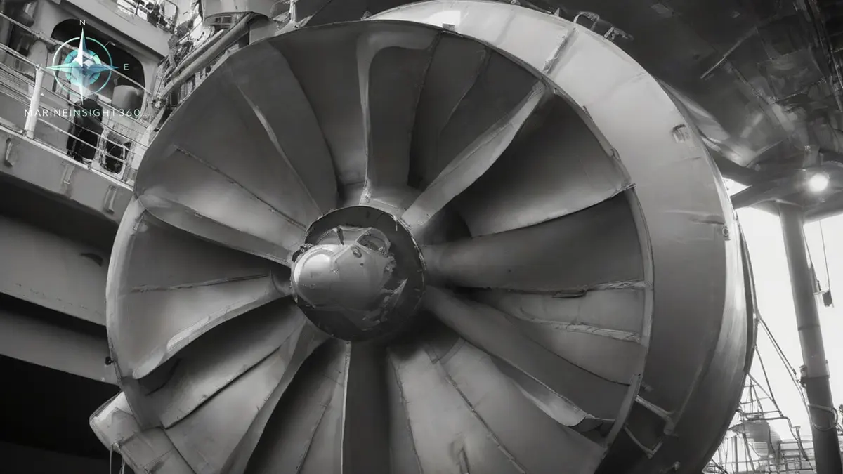 Five-blade propeller on a cruise ship azimuth pod seen from the dock floor in dry dock