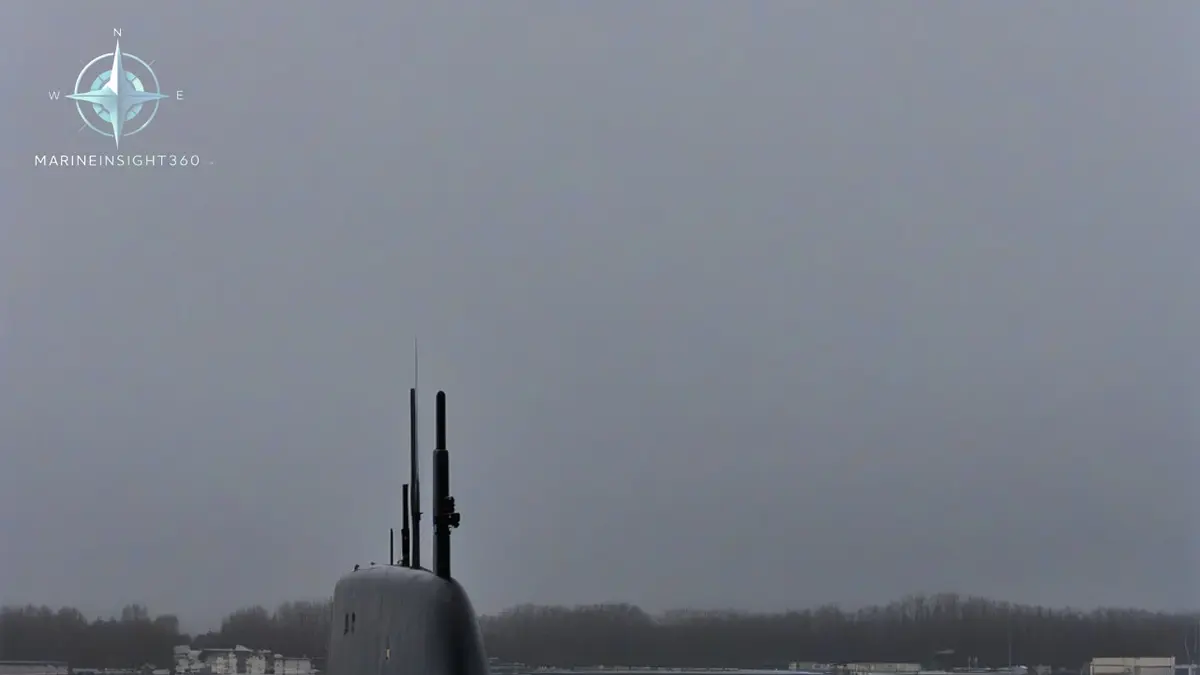 Typhoon class ballistic missile submarine alongside a northern naval basin showing its wide casing and sail
