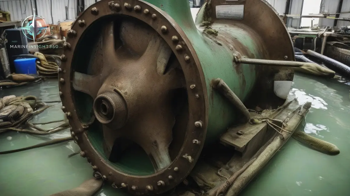 Bronze three-blade boat propeller on a hauled-out motorboat showing cavitation pitting and a shaft anode