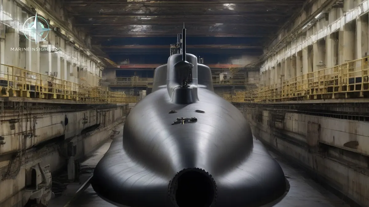 Nuclear submarine on the blocks in a dry dock with anechoic tiles and pressure hull plating visible