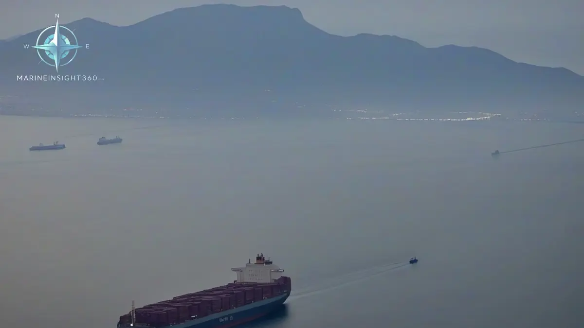 Laden bulk carrier transiting the Strait of Gibraltar at dawn with the Rock and the Moroccan coast beyond