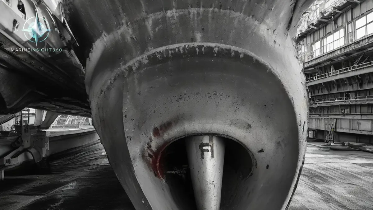 Retractable fin stabilizer and bilge keel on a ferry hull in drydock