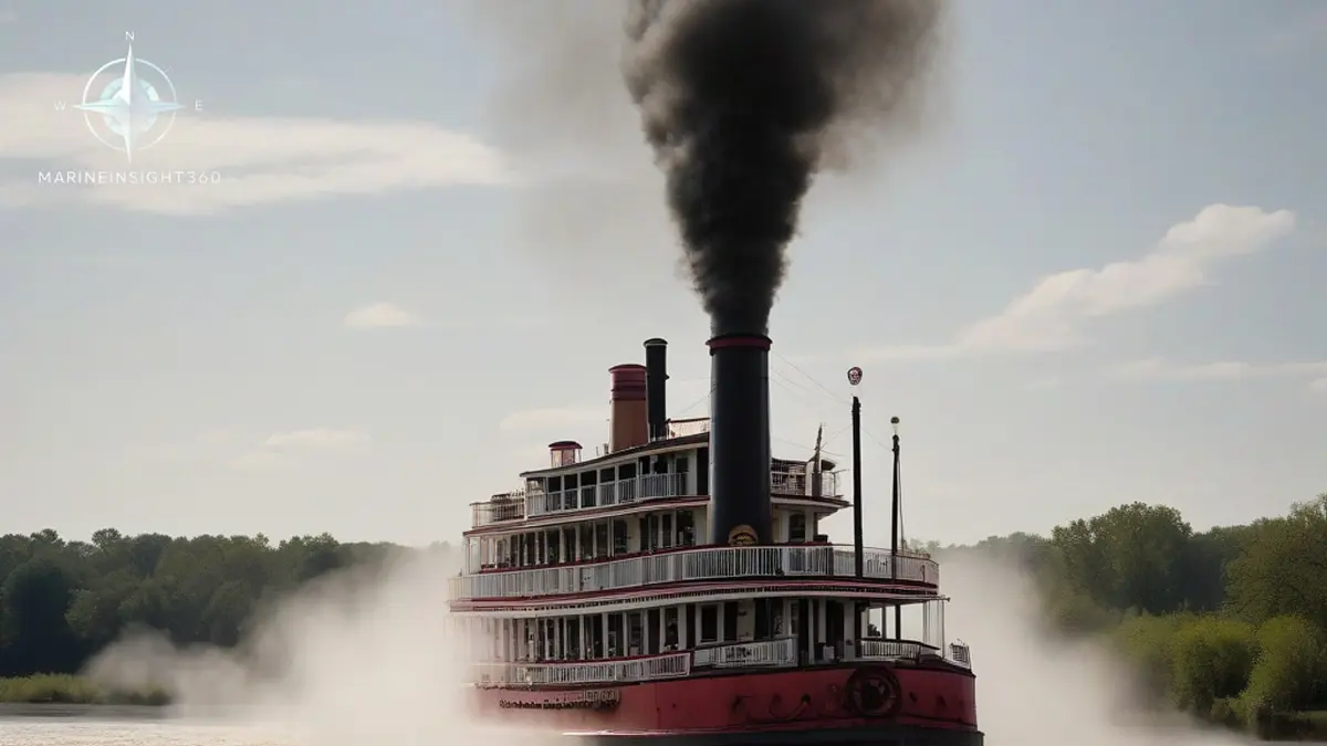 Preserved sternwheel steamboat under way on a river with its red paddle wheel throwing spray