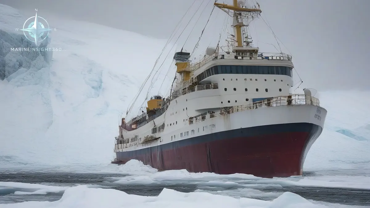Expedition ship straining on her anchor as katabatic wind off a glacier streaks the sea white