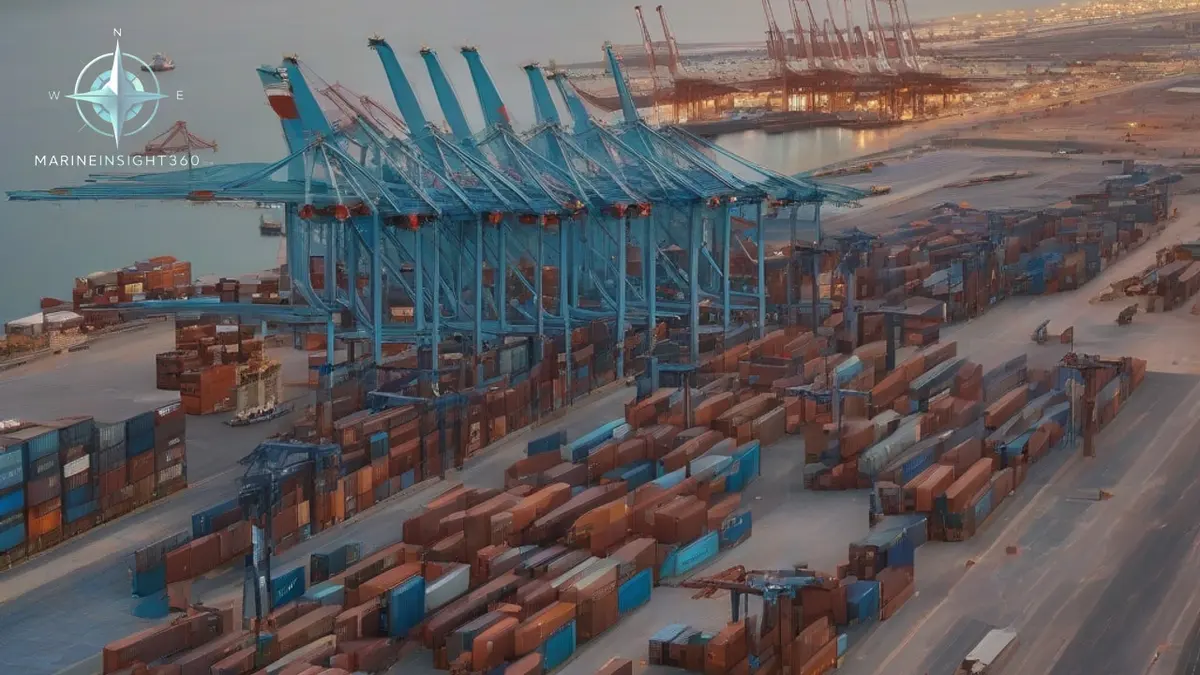 Gantry cranes working a container ship at an Omani deep water port on the Arabian Sea coast