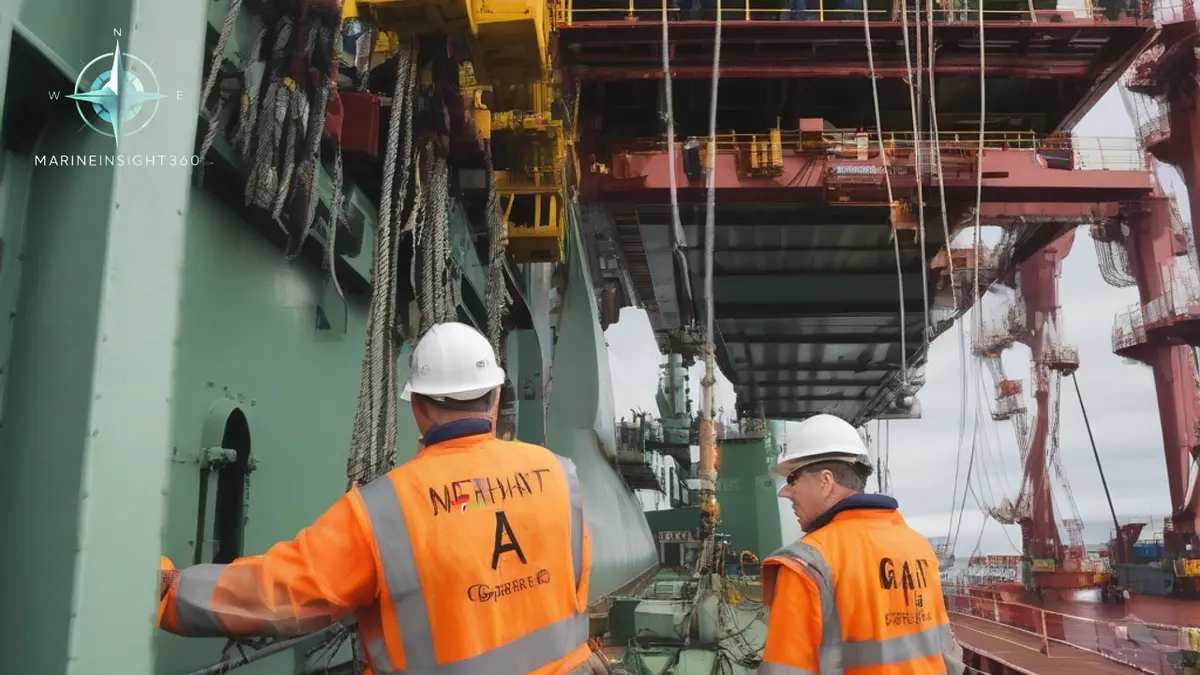 Merchant mariners checking container lashings on deck during a port call with gantry cranes working