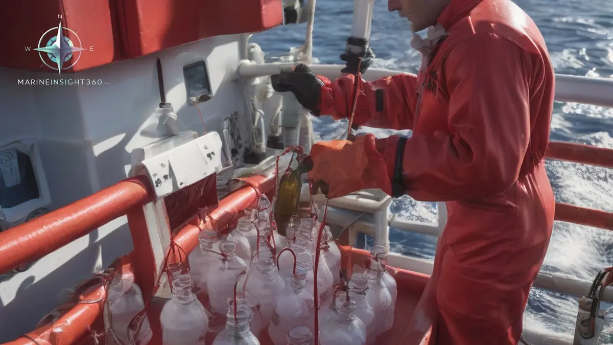 Marine biologist sampling seawater from a Niskin rosette on the aft deck of a research vessel