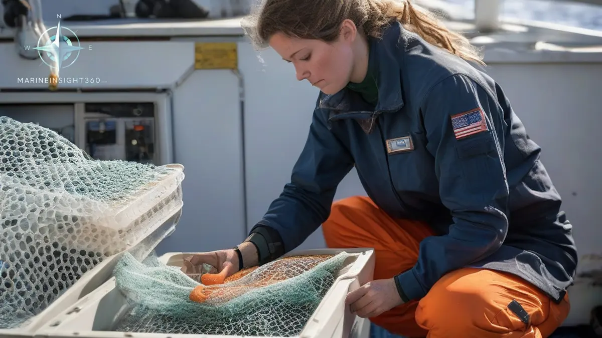 Marine biologist logging plankton sample counts beside a sorting tray on a research vessel deck