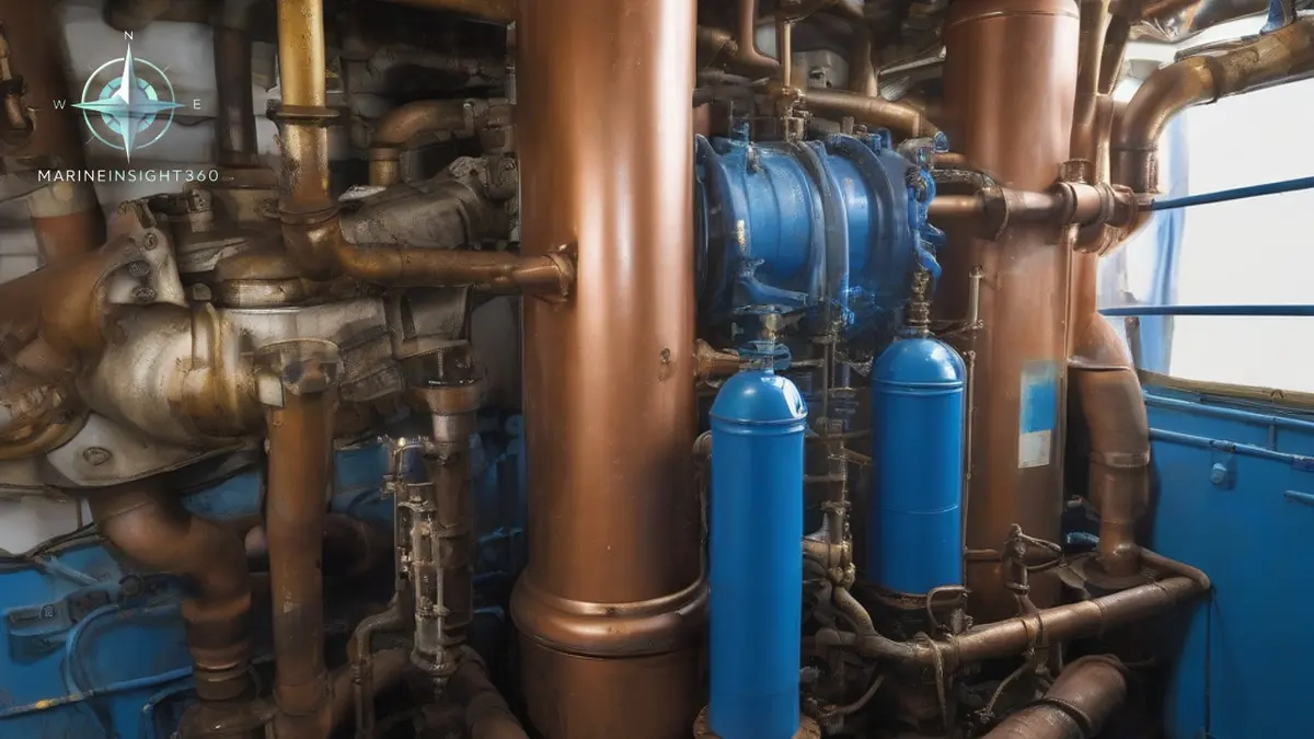 Oily water separator in a ship's engine room with its coalescer vessel and 15 ppm monitor cabinet