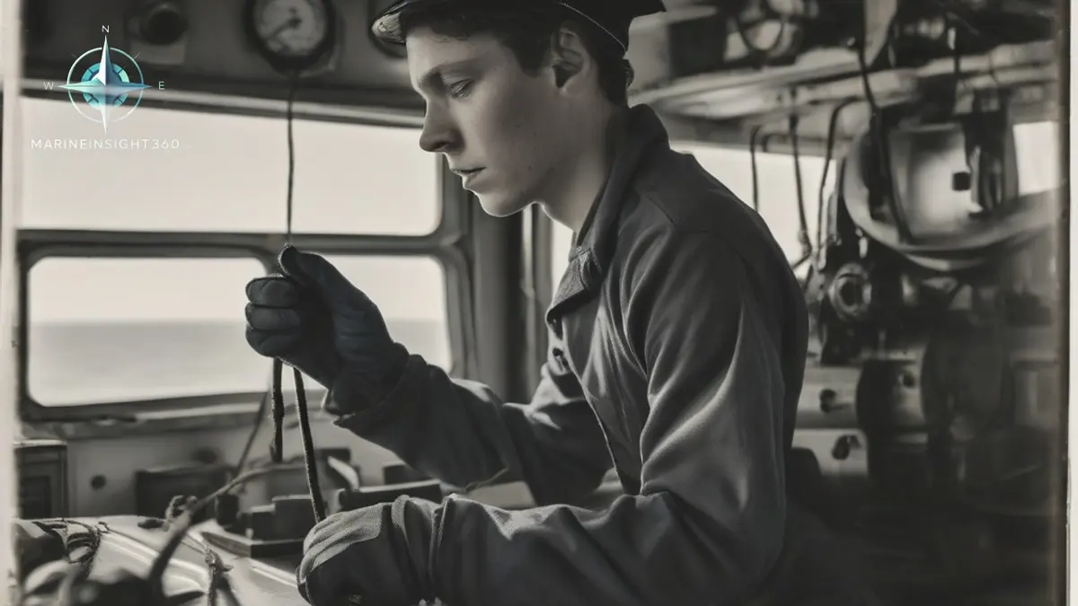 Deck cadet taking a visual bearing with a handheld compass on a ship's bridge wing at sea