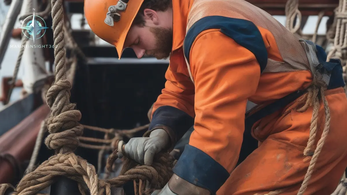 Young mariner in coveralls greasing the windlass on the forecastle of a merchant ship at sea
