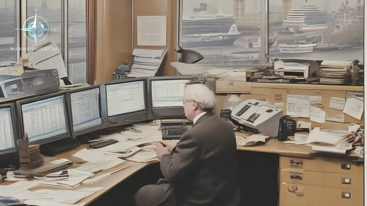 Shipbroker's chartering desk with position lists and freight rate screens in a rainy London office