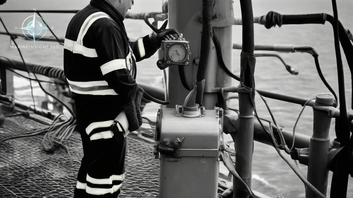 Superintendent inspecting lifeboat davit release gear on a bulk carrier deck during a vetting