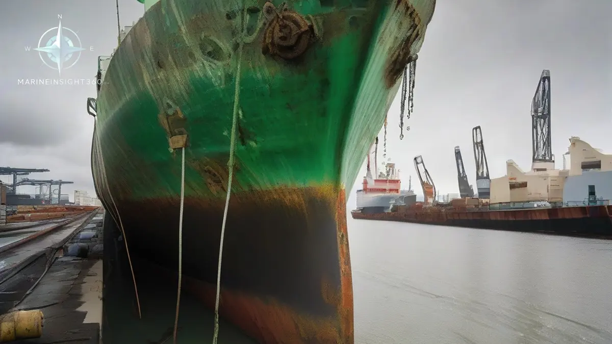 Painted draft marks on a loaded bulk carrier bow at the waterline in a commercial berth