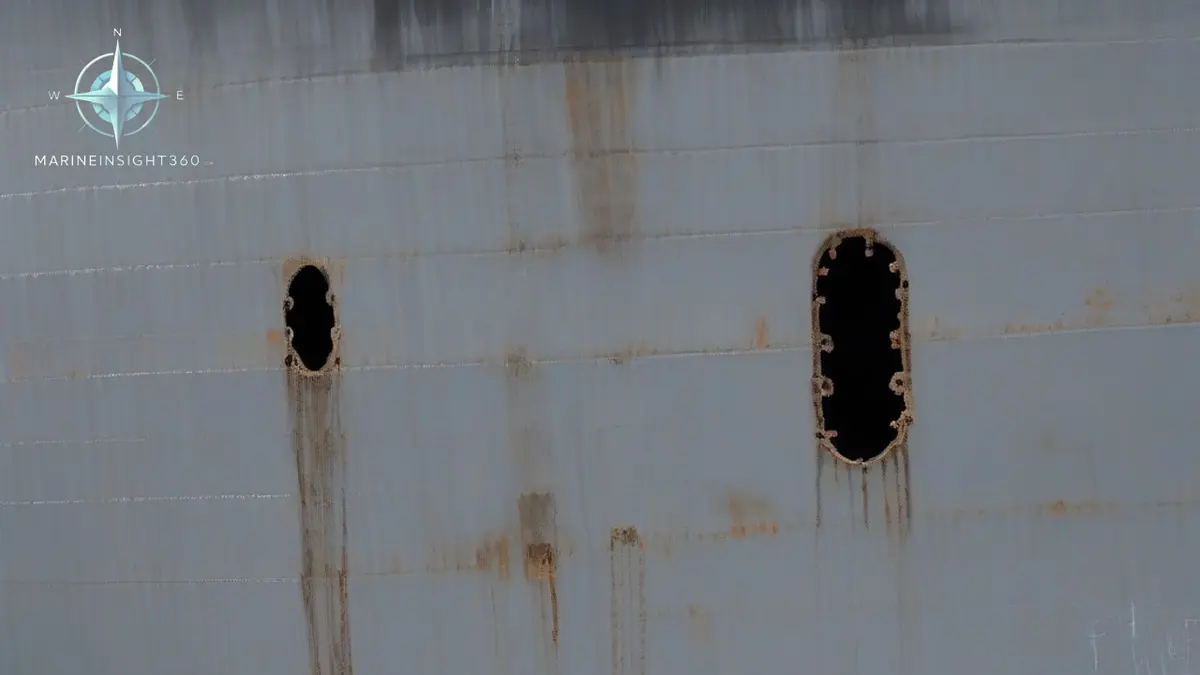 Metric draft marks on the bow of a loaded bulk carrier with the waterline crossing the figures