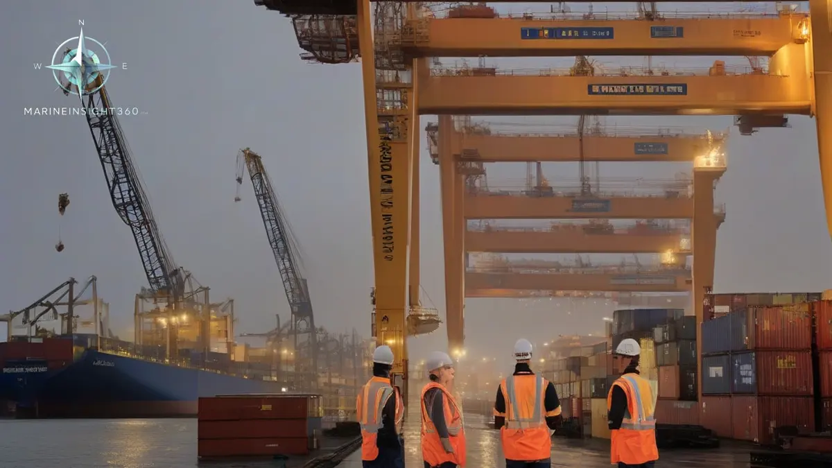 Container terminal at dusk with ship-to-shore cranes working a vessel and staff on the quay