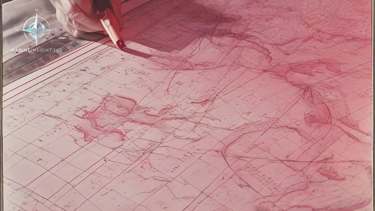 Hands correcting a paper nautical chart in magenta ink under a red chart lamp at night