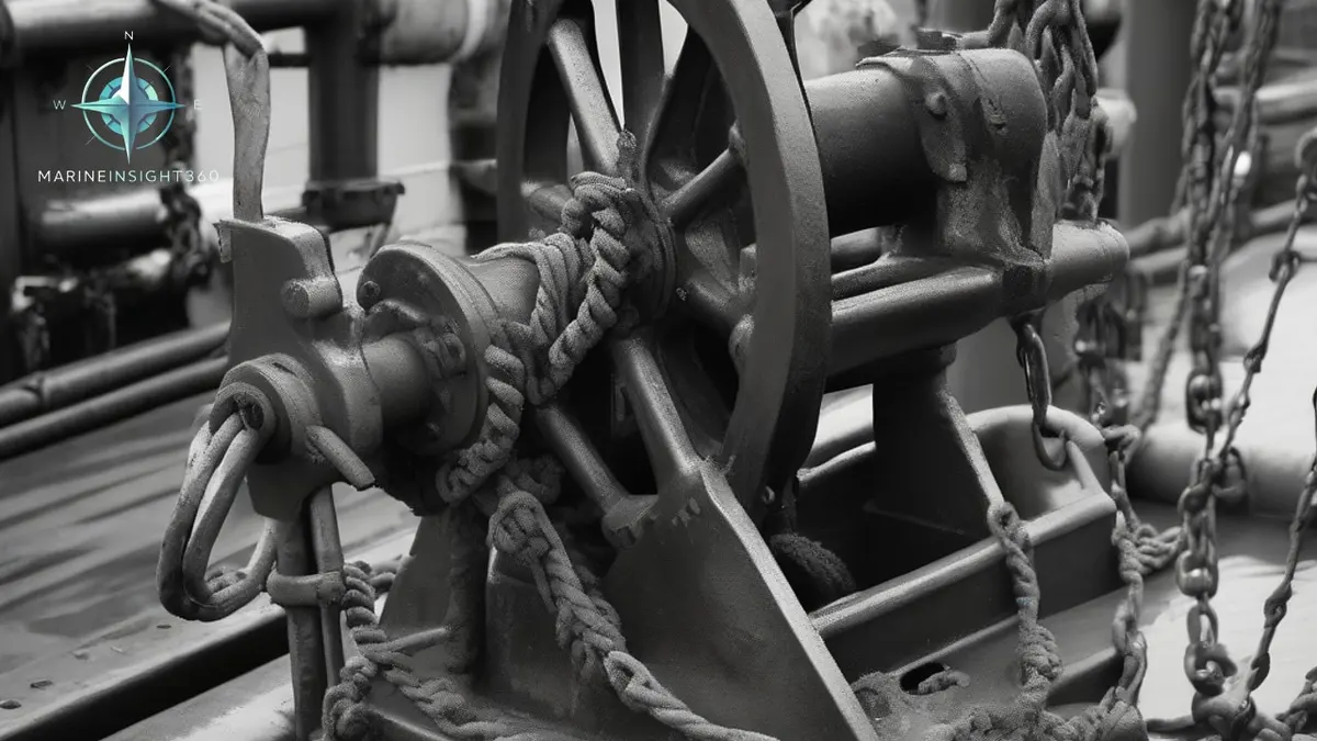 Anchor windlass turning on a ship's forecastle with muddy chain running out through the hawse pipe