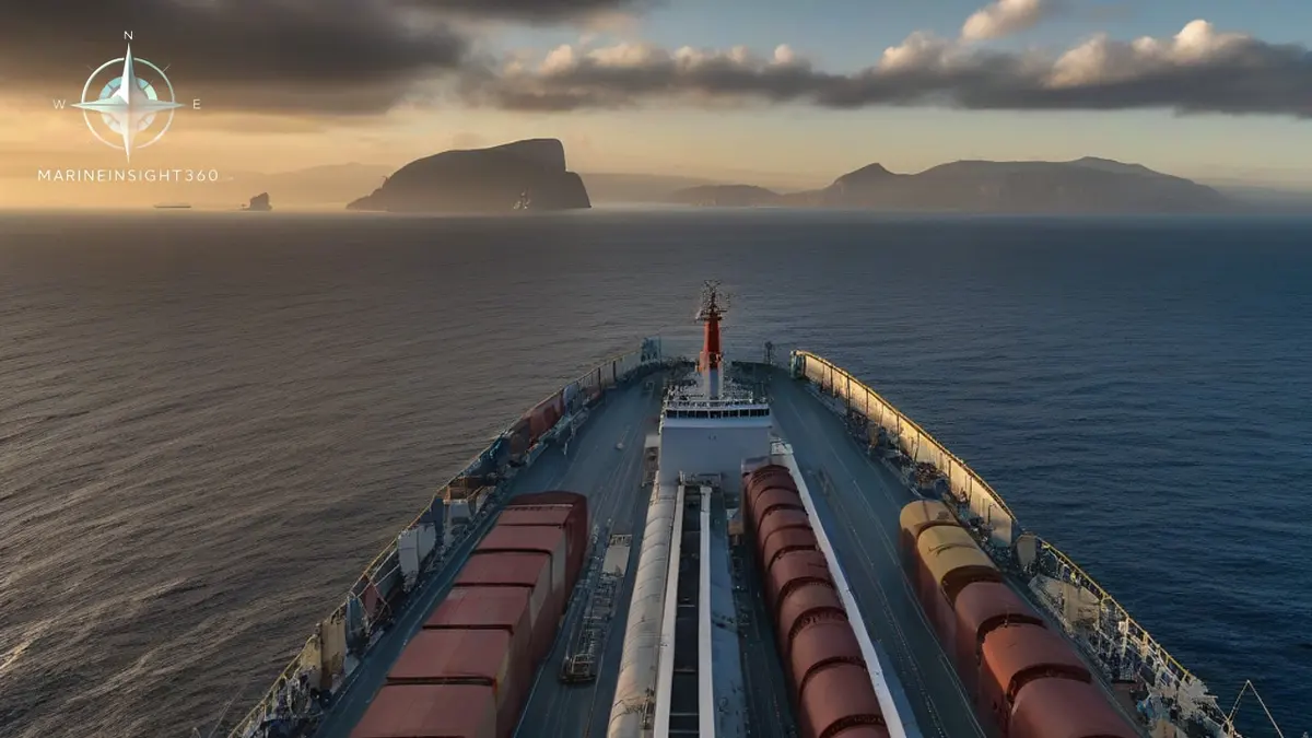View west along the Strait of Gibraltar from a ship's bridge wing at dawn