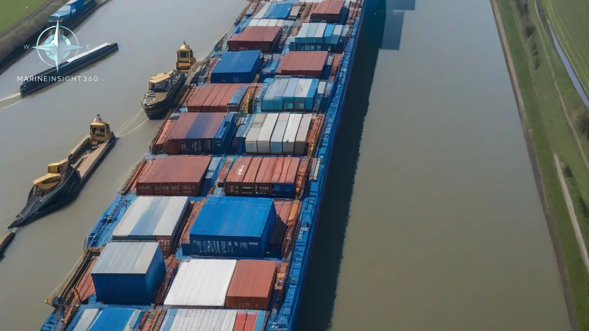 Hydrogen powered inland container barge with deck fuel modules on a Dutch waterway