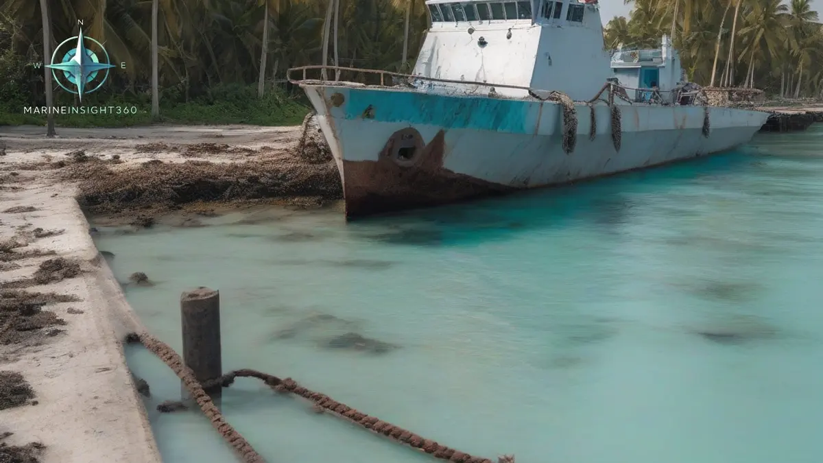 Indian Navy patrol vessel alongside a jetty at a Lakshadweep island base in the Arabian Sea