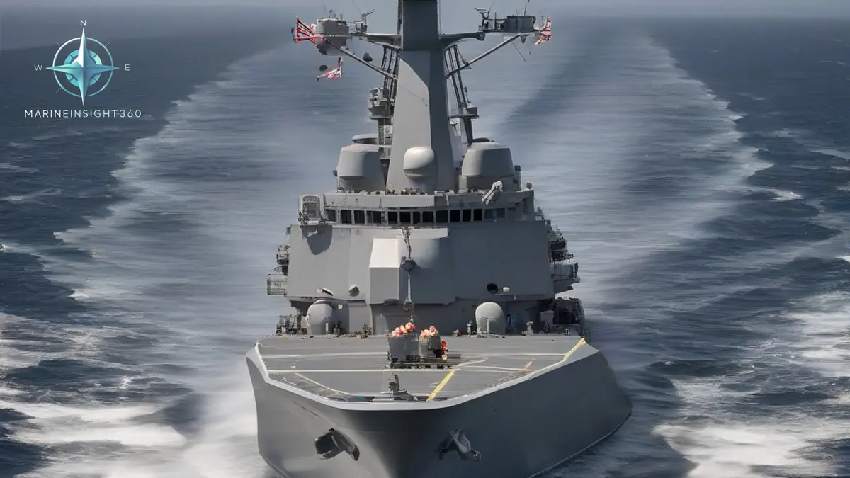 Grey guided missile destroyer under way in open ocean seen from a passing merchant ship's bridge wing