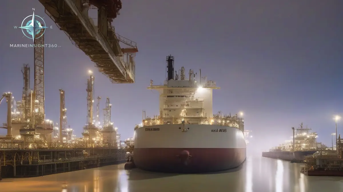 LNG export terminal on a Gulf coastline at dusk with a gas carrier alongside and tugs standing by