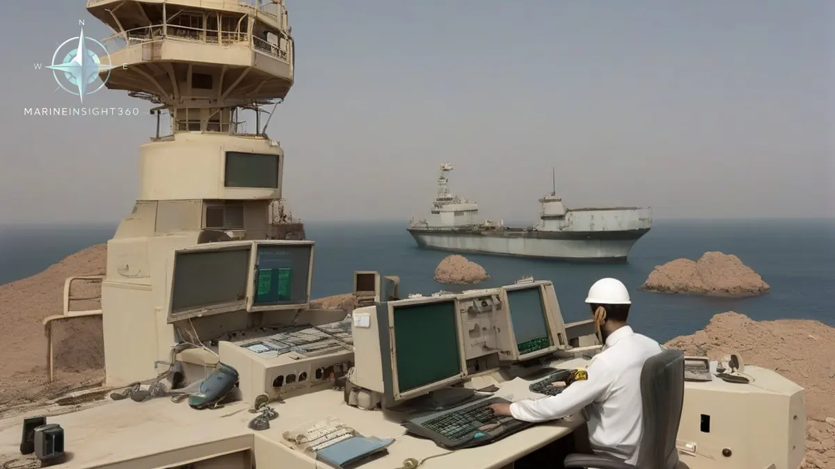 Coastal traffic service station above the Strait of Hormuz with a laden tanker passing far below