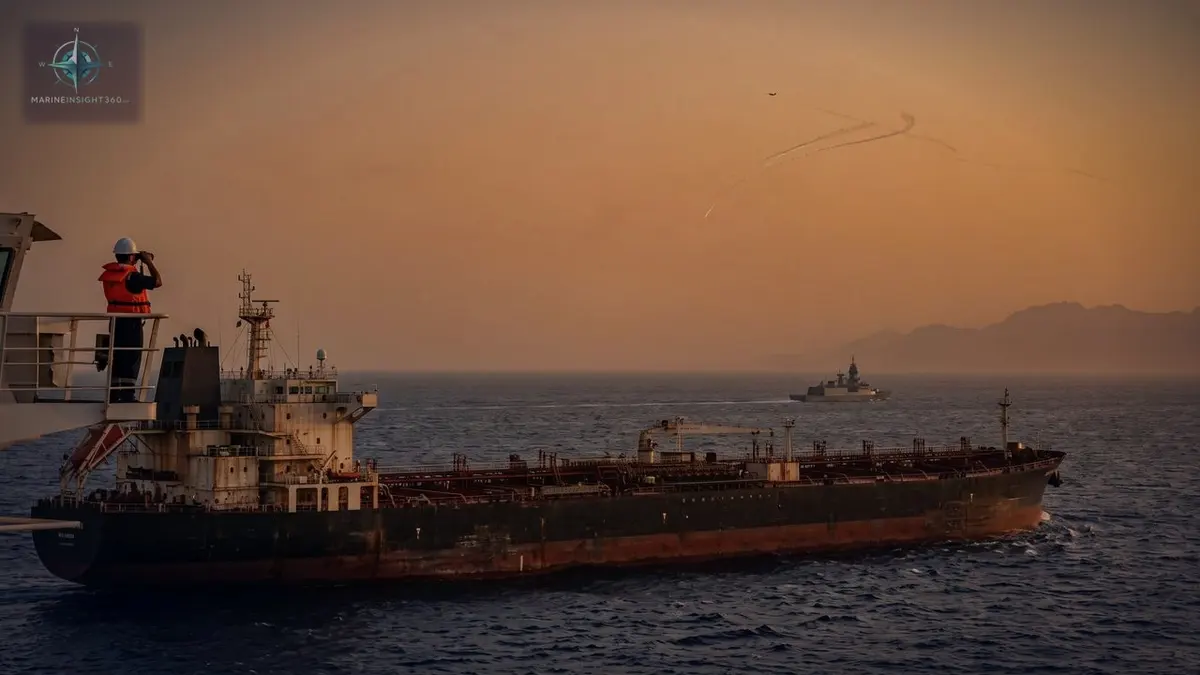 Iran retaliates with missiles and drones, defying Trump’s warning illustrated with shipping security and route risk for Marine Insight 360 readers