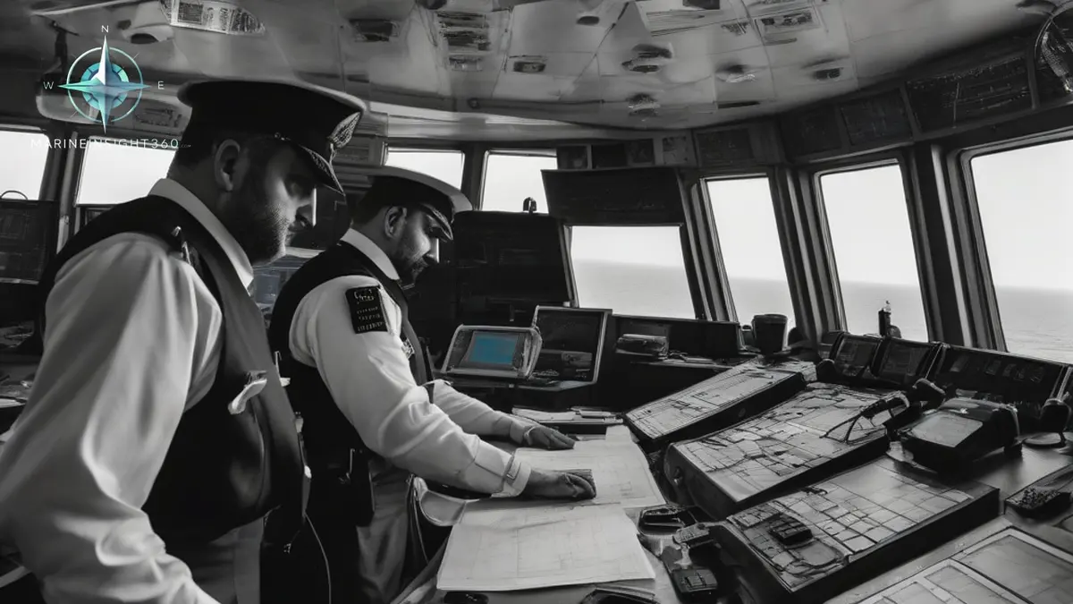 Merchant ship bridge during a Strait of Hormuz transit with a fast patrol craft off the port bow
