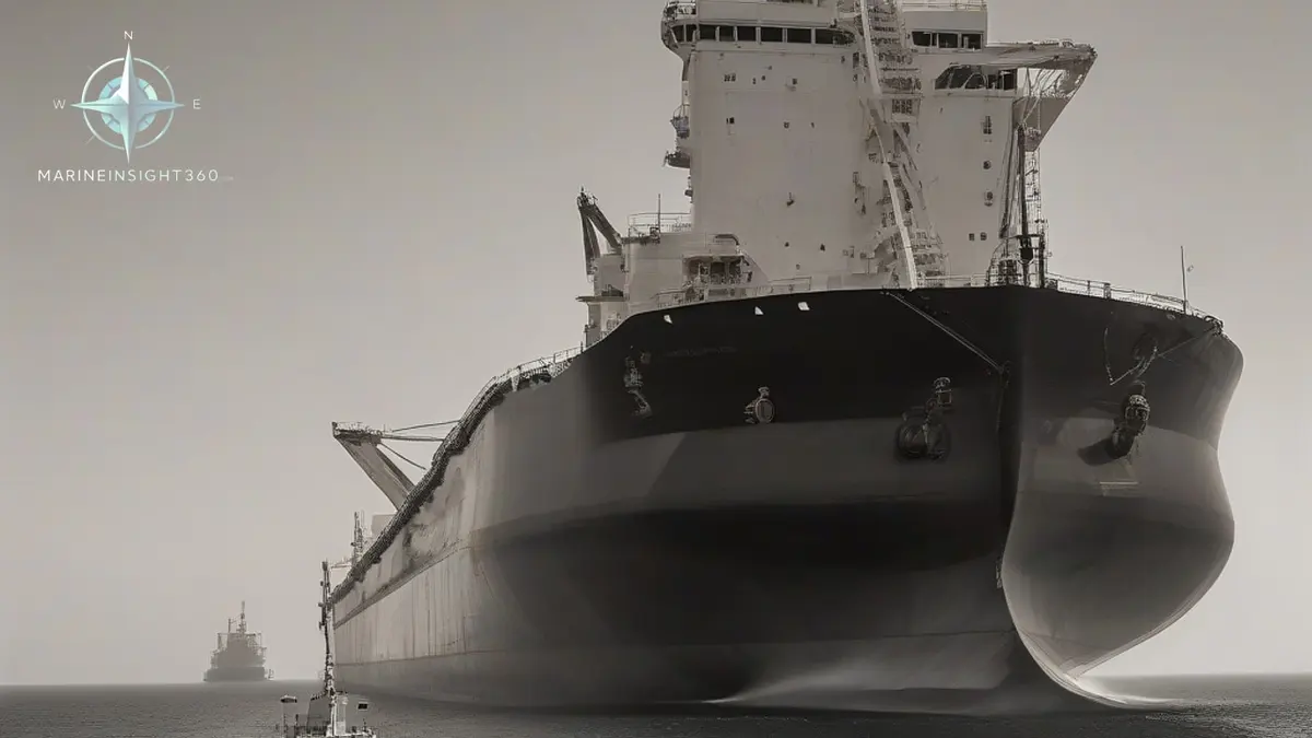 Laden crude oil tanker transiting the Strait of Hormuz with the Iranian coast astern and a patrol craft nearby