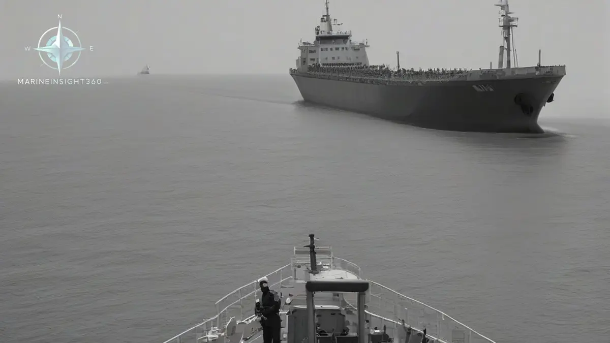 Merchant ship bridge wing view of the Strait of Hormuz with a fast patrol craft on the beam