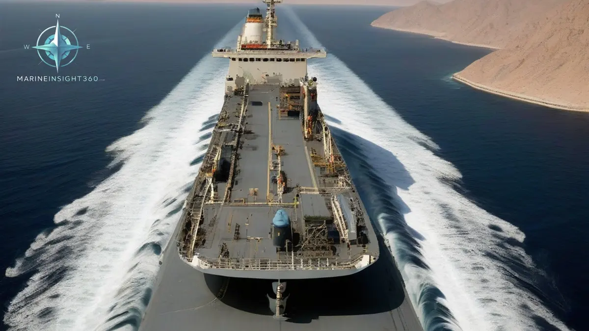 Product tanker transiting the Strait of Hormuz seen from an escorting warship with Musandam mountains beyond
