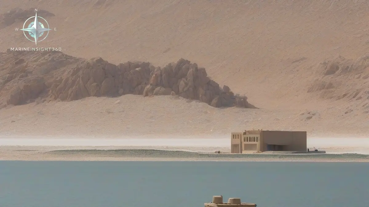 Barren rocky island near the Strait of Hormuz with a small military jetty and patrol boat