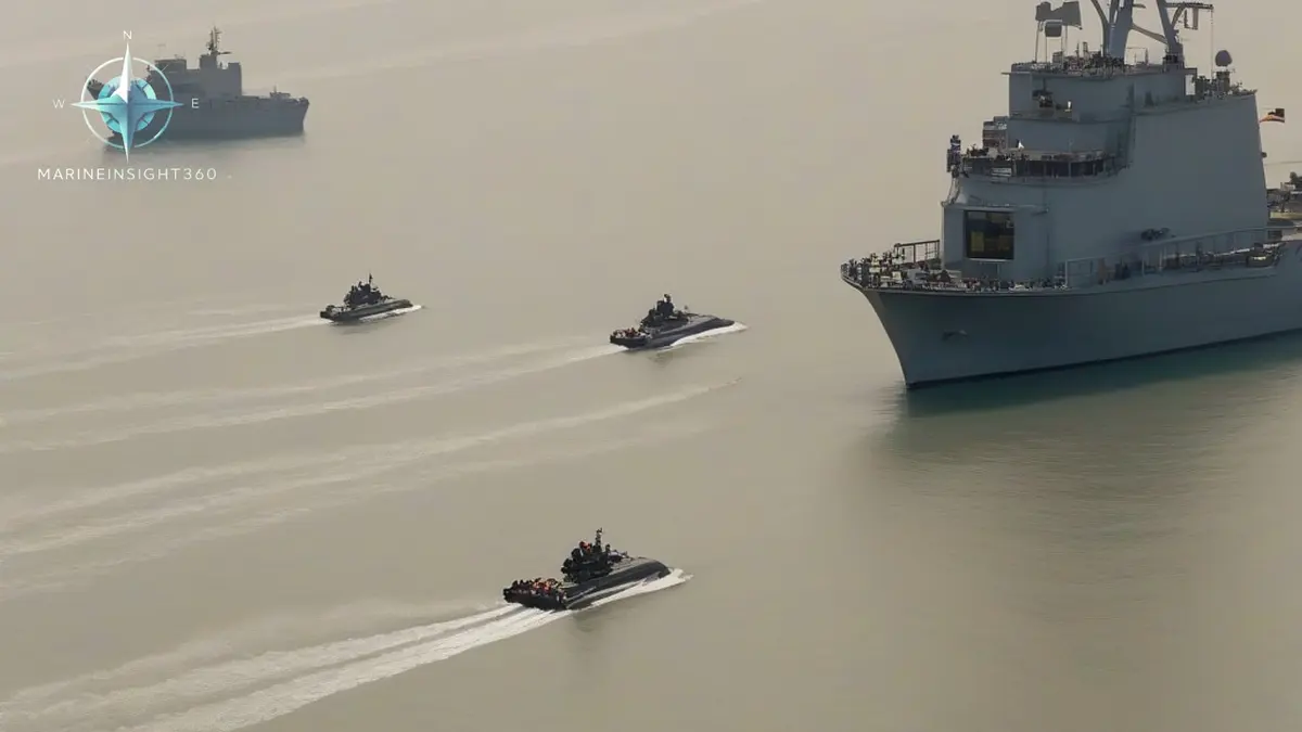 Small fast attack craft and an unmanned drone boat running across the hazy Strait of Hormuz