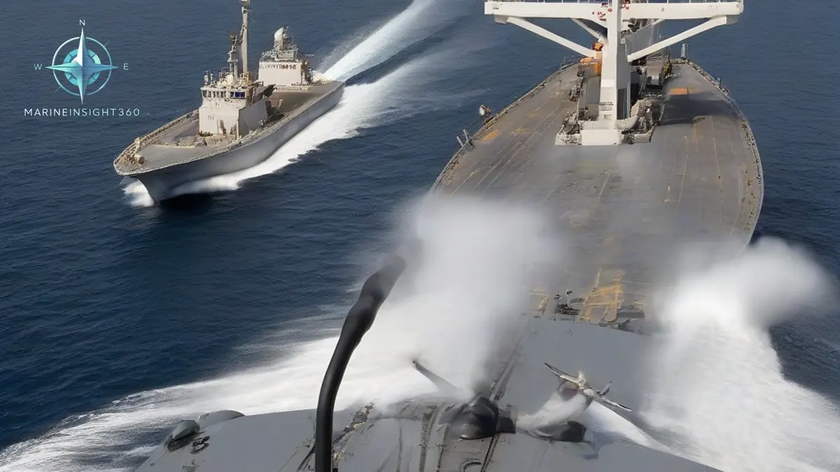 Two fast gunboats closing on a laden product tanker in the Gulf of Oman seen from the bridge wing