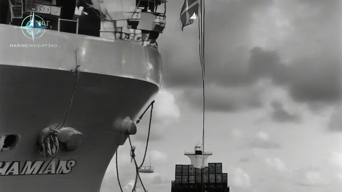 Bahamas ensign on the stern staff of a container ship as port state control officers board