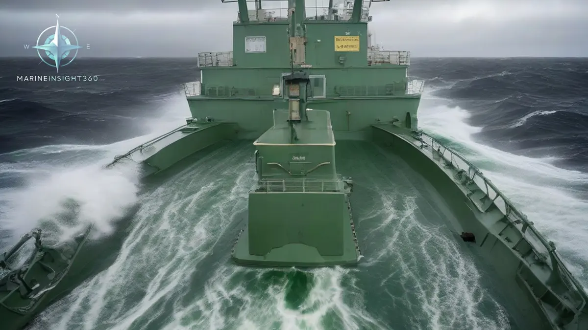 Steep breaking swell over the bow of a merchant ship crossing the Tasman Sea in a gale