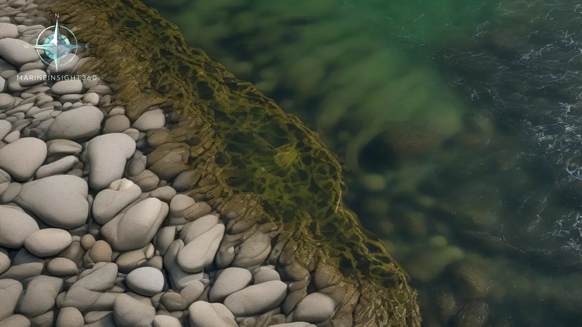 Shallow littoral water over rippled sand and weed covered rock at half tide on an open coast