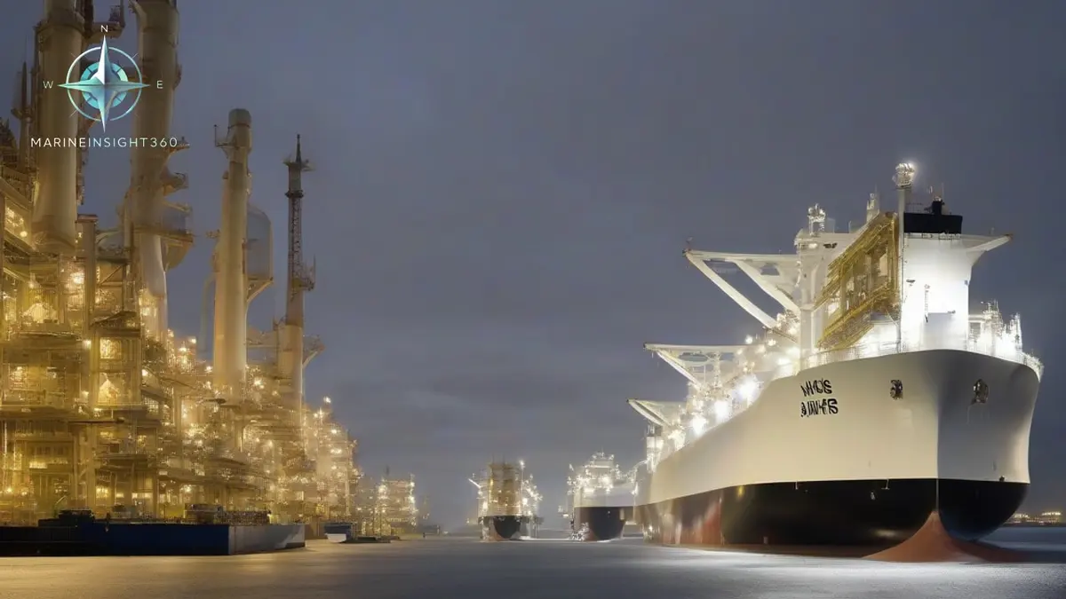 Membrane type LNG carrier alongside a gas export terminal at dusk with cryogenic loading arms connected