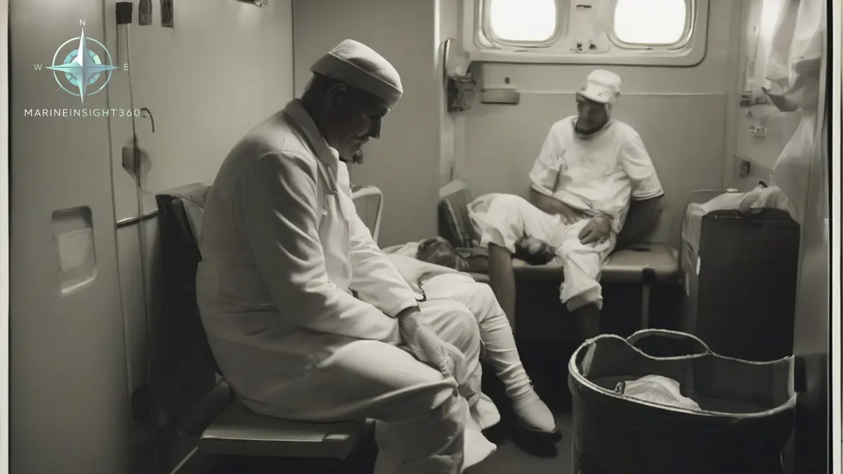 Seafarer with a splinted forearm being treated in a merchant ship's small hospital compartment