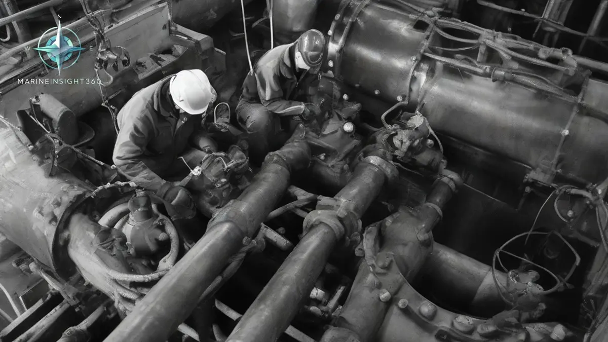 Service engineers overhauling an opened main engine cylinder unit on a ship repair berth