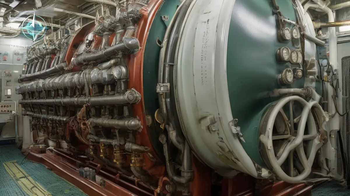Ship engine room with a two stroke main engine, generators and pipework across grated platforms