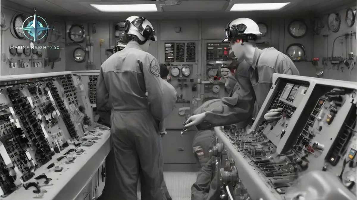 Maritime academy cadets and an instructor at a training ship engine control console