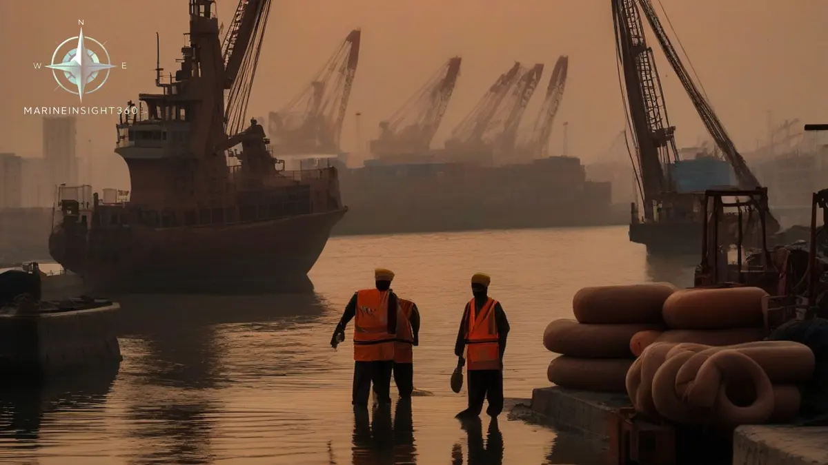 Cargo ship and maritime security patrol boat at adjacent Karachi berths under a dusty orange sky